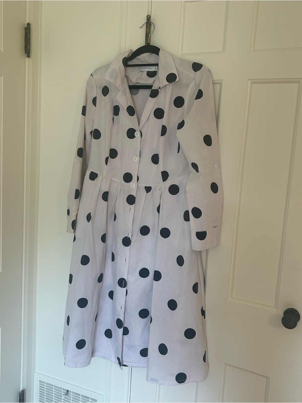 New York & Company White Long-Sleeve Polka Dot Shirt Dress